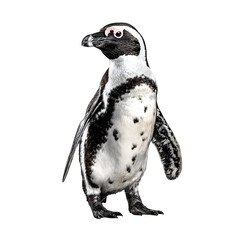 Penguin standing upright with wings slightly out and  black and white glossy coat and  isolated white background Batch  realistic clean bright simple modern stock image isolated on plain background fo