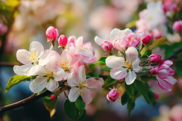 Obraz premium Apple tree blossoms in an orchard during spring with branches laden with open flowers in the sunlight