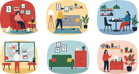People enjoying cozy home interiors with pets, coffee, books, houseplants, and relaxing activities like cleaning, decorating, and reading