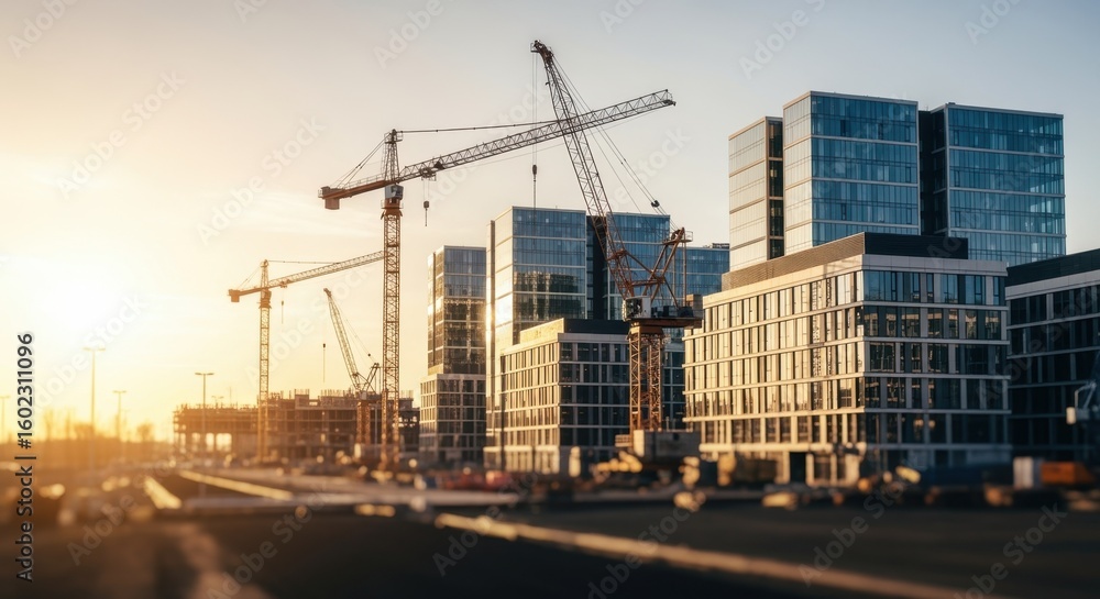 Poster industrial development area featuring multiple cranes and modern architecture backdrop.