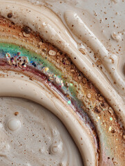 Close-up of colorful oil paint smears with glitter on a cream-colored surface. The textured layers and radiant hues create an eye-catching and artistic visual, ideal for design, art
