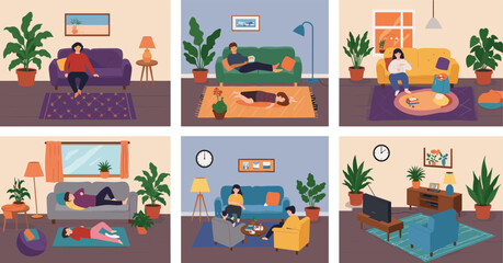 People relaxing in cozy living rooms, watching TV, reading, napping, and spending leisure time at home with plants and comfort