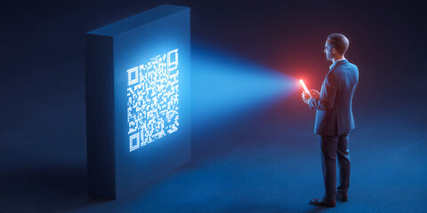 Businessman Scanning QR Code for Real-Time Pension Fund Update Using 3D Tech Display