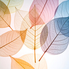 Obraz premium A collection of translucent leaves in various pastel colors arranged artistically.