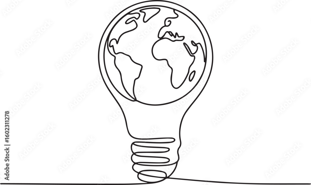 Poster continuous one line drawing of light bulb with earth globe inside in minimalist vector style for eco