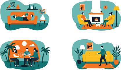 Stylized illustrations of people relaxing, reading, dining, and enjoying cozy modern interiors and outdoor settings with plants and pets