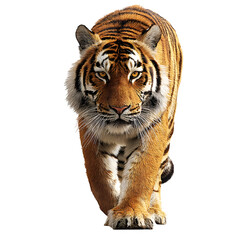 Obraz premium Powerful tiger in low stalking posture and intense realism and jungle predator energy and isolated white background Batch realistic clean bright simple modern stock image isolated on plain backgrou