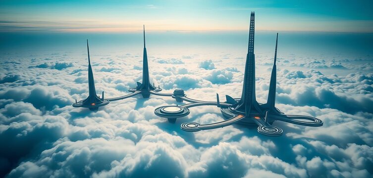 Sleek, futuristic city spires form interconnected floating platforms above a cloud-covered landscape, horizon, shapes