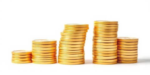 Stack of shiny gold coins, increasing in size, isolated on white background,  graphic,  clipart