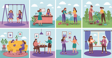 Women bonding, gardening, eating, and working together in everyday life moments at home, cafe, and outdoor settings with plants