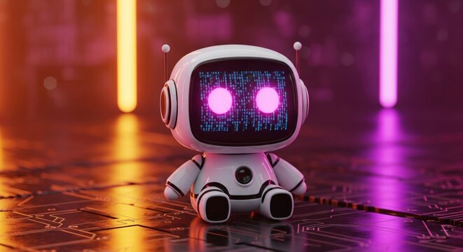 Cute Futuristic Robot Sitting on Circuit Board – 3D Render of White Glossy AI Bot with Pink LED Eyes and Digital Code Screen - Powered by Adobe
