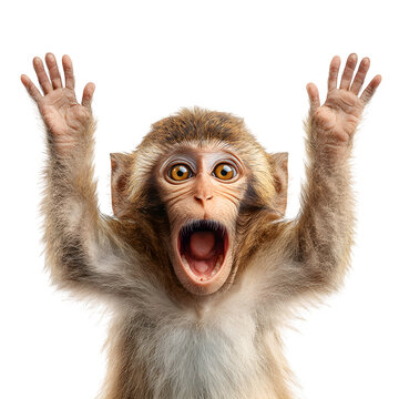 Primate monkey with excited face and raised hands and  surprised animal expression and  isolated white background Batch  realistic clean bright simple modern stock image isolated on plain background f