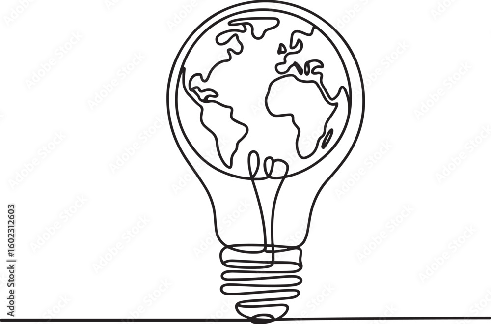 Poster continuous one line drawing of light bulb with earth globe inside in minimalist vector style for eco