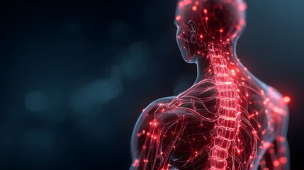 Human body with glowing red pain points on neural pathways illustrating pain or nerve stimulation, set against a dark blue background	