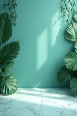 Mint green wall with natural light and large tropical leaves

