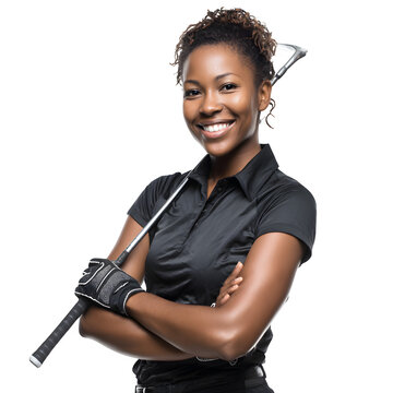 Professional Black African female golfer with golf club resting over shoulder and  confident stance and smile and  isolated white background Batch  realistic clean bright simple modern stock image iso
