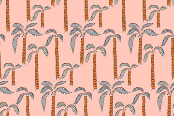 Seamless tropical vector pattern featuring hand drawn palm trees with textured trunks and curved leaves on a soft pastel background. Ideal for summer themed designs, textiles, wallpapers, packaging