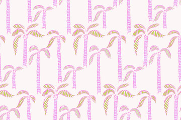 Seamless tropical vector pattern featuring hand drawn pink palm trees with textured trunks and curved leaves on a white background. Pastel print  for summer themed designs, textiles, wallpapers