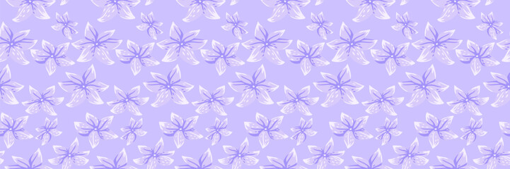 Seamless vector floral pattern with soft purple stylized flowers on a pastel violet background. Light, delicate, and feminine design, perfect for fabrics, packaging, wallpapers, stationery