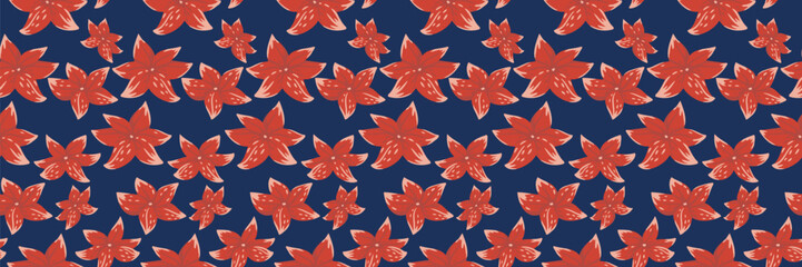 Seamless vector floral pattern with tropical flowers on a deep blue background. Elegant, and feminine design, perfect for fabrics, packaging, wallpapers, stationery, branding