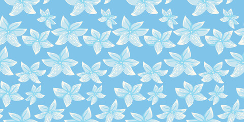 Seamless vector pattern with tropical flowers on a bright blue background. The bold, vibrant floral design is ideal for fabrics, wallpapers, wrapping paper, and summer themed projects.