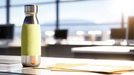 Stainless steel water bottle office desk sunlight