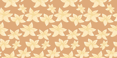 Seamless vector pattern with tropical flowers on a beige background. The boho floral design is ideal for fabrics, wallpapers, wrapping paper, and summer themed projects.