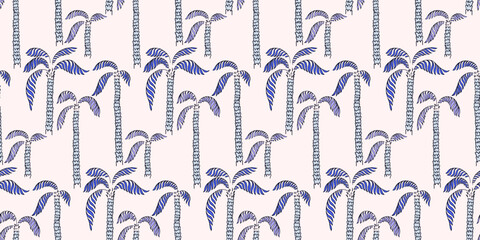 Seamless vector pattern with stylized blue palm trees on a light background. Tropical, modern, and eye catching design, perfect for summer fashion, textiles, wallpapers, and decorative projects.