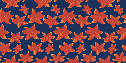 Seamless vector pattern with bright  tropical flowers on a deep navy background. The bold, elegance floral design is ideal for fabrics, wallpapers, wrapping paper, and summer themed projects