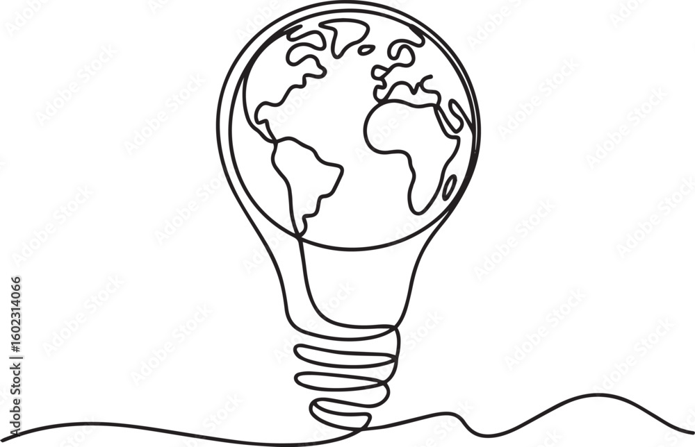 Poster continuous one line drawing of light bulb with earth globe inside in minimalist vector style for eco