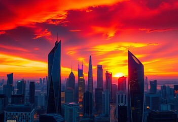 Fototapeta premium Vibrant sunset over futuristic cityscape; glowing skyscrapers, sleek architecture, architecture design, futuristic city