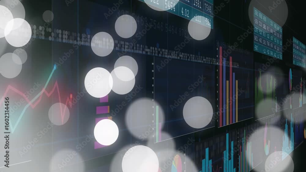 Poster camera starting panning unfolding data dashboard with charts and drifting orbs showing analytics