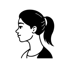 Stylized side profile of a woman with dark hair in a ponytail icon vector