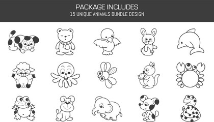 Cute Cartoon Animal Illustrations - Volume 2 (or Unique Animal Line Art Set 2)