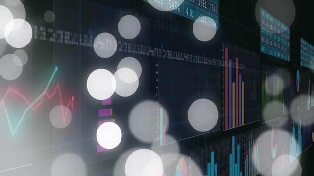 Camera starting panning unfolding data dashboard with charts and drifting orbs showing analytics