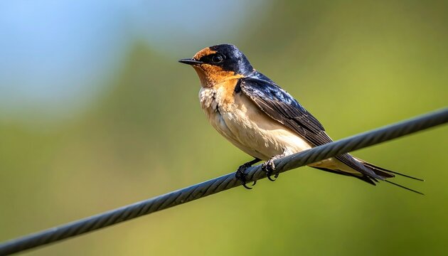 Elegant barn swallow resting on a wire, showcasing vibrant plumage and sharp details,captured - Powered by Adobe
