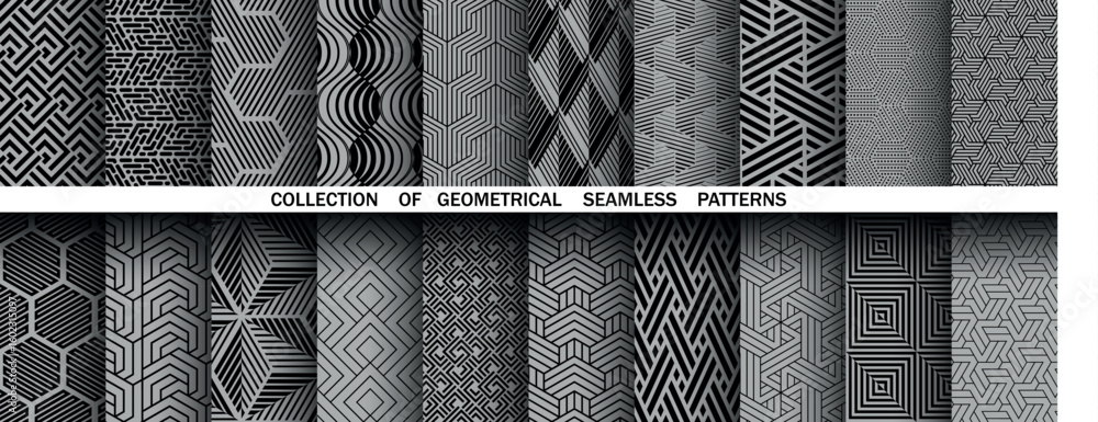 Poster geometric set of seamless black and gray patterns. simple vector graphics