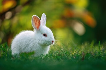 Obraz premium Adorable bunny in spring garden with blurred greenery backdrop Sweet pet playing outside