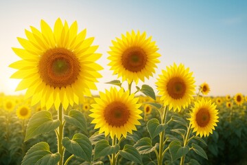 Obraz premium Bright yellow sunflowers blooming in a summer field under a clear blue sky with warm sunlight and no people in view. Ai generative.