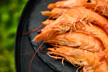 Freshly grilled shrimp rest on a black grill plate, with vibrant green grass providing a lively...