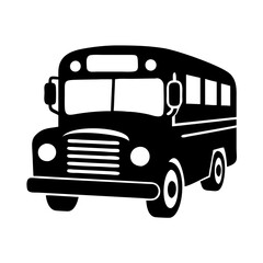 Stylized black and white illustration of a vintage school bus icon icon vector