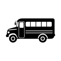 Black and white stylized image of a small school bus on white icon vector