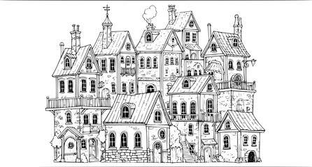Obraz premium a whimsical cityscape in sketch style, featuring various stacked houses, black-and-white