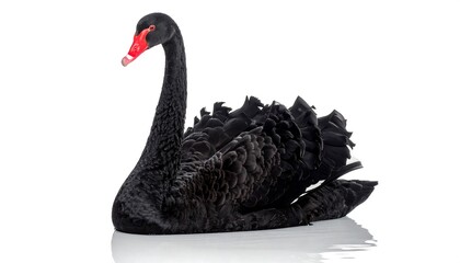 Elegant black swan with a vibrant red beak gracefully gliding on a serene white surface