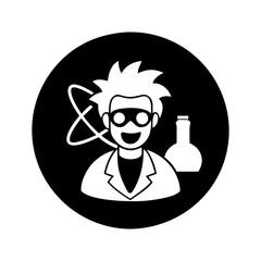 Crazy scientist in lab coat with Erlenmeyer flask and atomic model icon vector