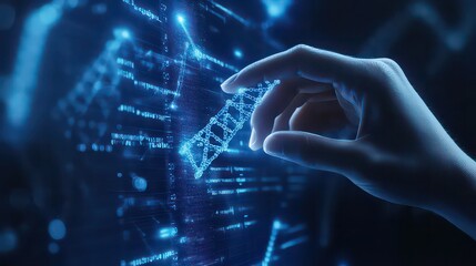 Hand interacting with digital dna strand on glowing blue screen in futuristic technology setting