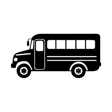 Black and white stylized image of a small school bus on white icon vector