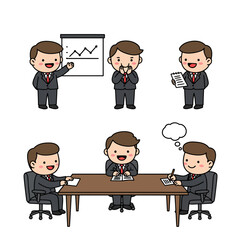 Cartoon businessmen in suits engaged in different activities at work
