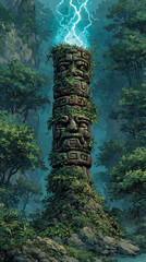 Ancient stone totem in lush jungle with glowing lightning