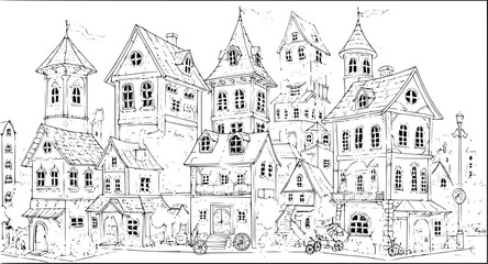 Obraz premium a whimsical cityscape in sketch style, featuring various stacked houses, black-and-white